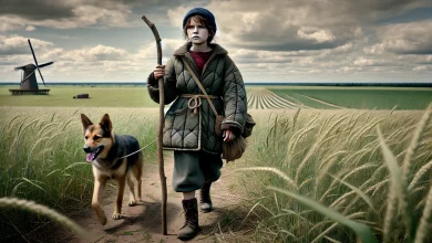 dall·e 2025 02 20 21.44.38 a realistic widescreen depiction of a young girl during world war ii walking onto the fields with her dog and a wooden stick. she wears a worn out pad