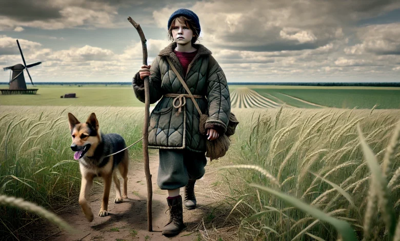 dall·e 2025 02 20 21.44.38 a realistic widescreen depiction of a young girl during world war ii walking onto the fields with her dog and a wooden stick. she wears a worn out pad